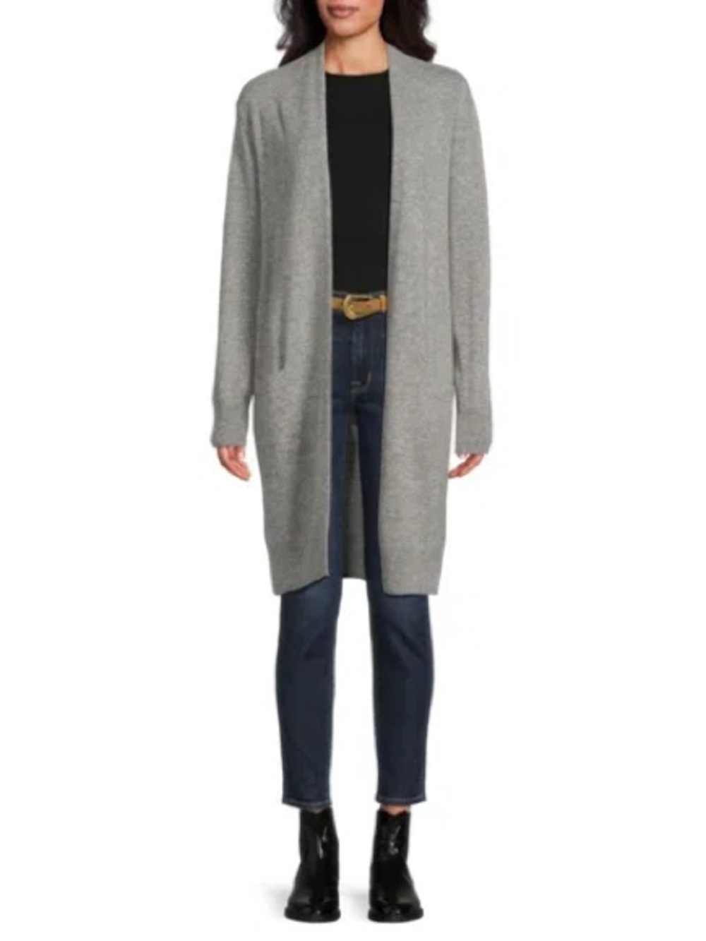 Amicale Cashmere 100% Gray Open Front Long Sweater Cardigan Duster Large